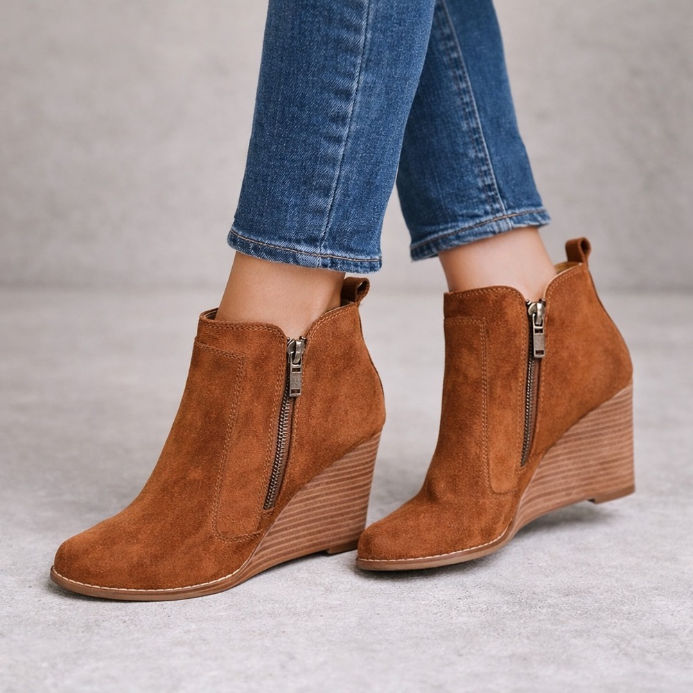 Lucky Brand Tan Suede Ankle Wedge Booties